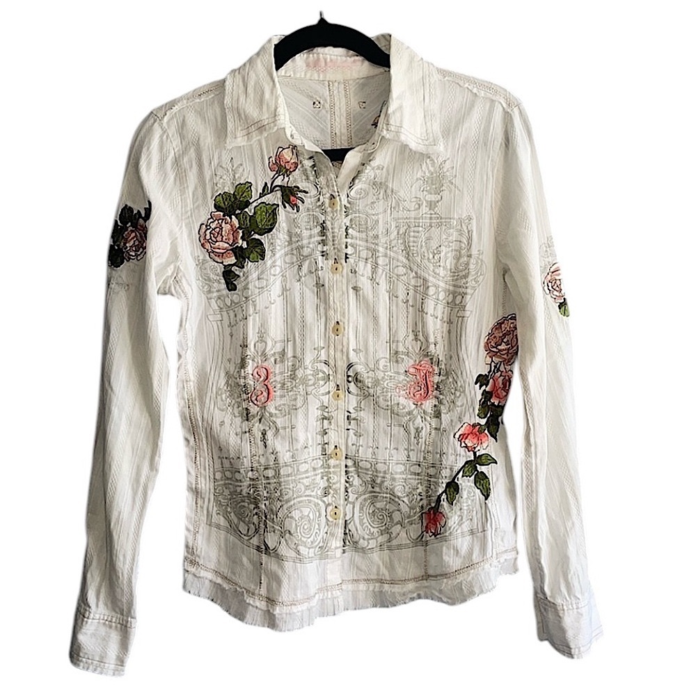 Johnny Was 3J Heavens Gate embroidered distressed white floral button down
